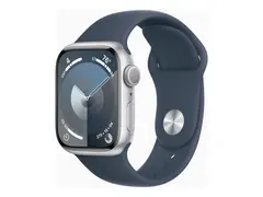 Apple Watch Series 9 (GPS) - 41 mm sølvaluminium - smartklokke med sportsbånd - fluorelastomer - stormblå - båndbredde: S/M - 64 GB - Wi-Fi, UWB, Bluetooth - 31.9 g