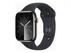 Apple Watch Series 9 (GPS + Cellular) 45 mm - rustfritt grafittstål - smartklokke med sportsbånd - fluorelastomer - midnatt - båndbredde: S/M - 64 GB - Wi-Fi, LTE, UWB, Bluetooth - 4G - 51.5 g
