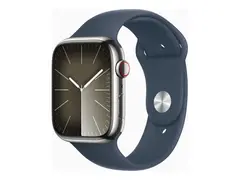 Apple Watch Series 9 (GPS + Cellular) 45 mm - sølv rustfritt stål - smartklokke med sportsbånd - fluorelastomer - stormblå - båndbredde: M/L - 64 GB - Wi-Fi, LTE, UWB, Bluetooth - 4G - 51.5 g